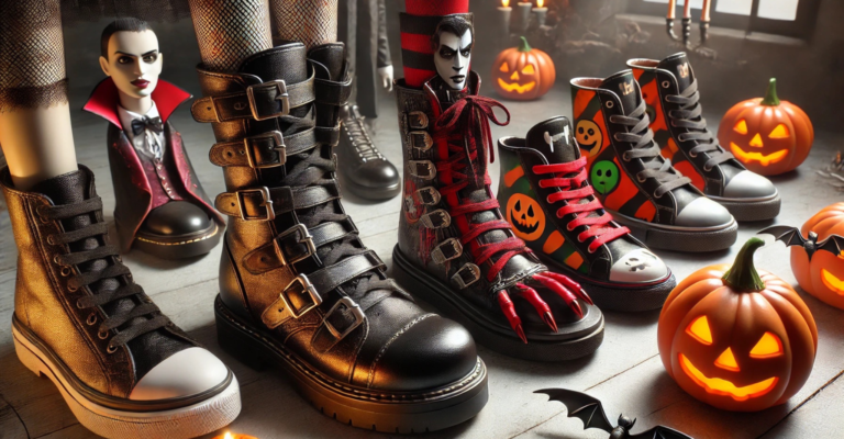 Pomysły na przebranie na Halloween - Zbliżenie na buty na Halloween z motywami wampirów i dyń.