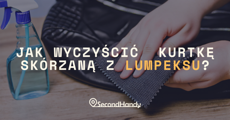 Ręka delikatnie czyszcząca czarną skórzaną kurtkę z lumpeksu miękką szmatką, obok butelki z płynem czyszczącym