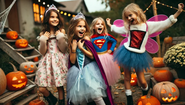 Grupa dzieci przebrana w kreatywne stroje DIY, bawiąca się na zewnątrz w jesiennym klimacie, gotowa na przebranie na Halloween dla dzieci.