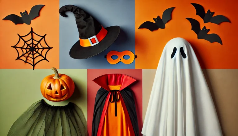 Minimalistyczne elementy klasycznych kostiumów na Halloween, takich jak czarownica, wampir, dynia i duch, na kolorowym tle.
