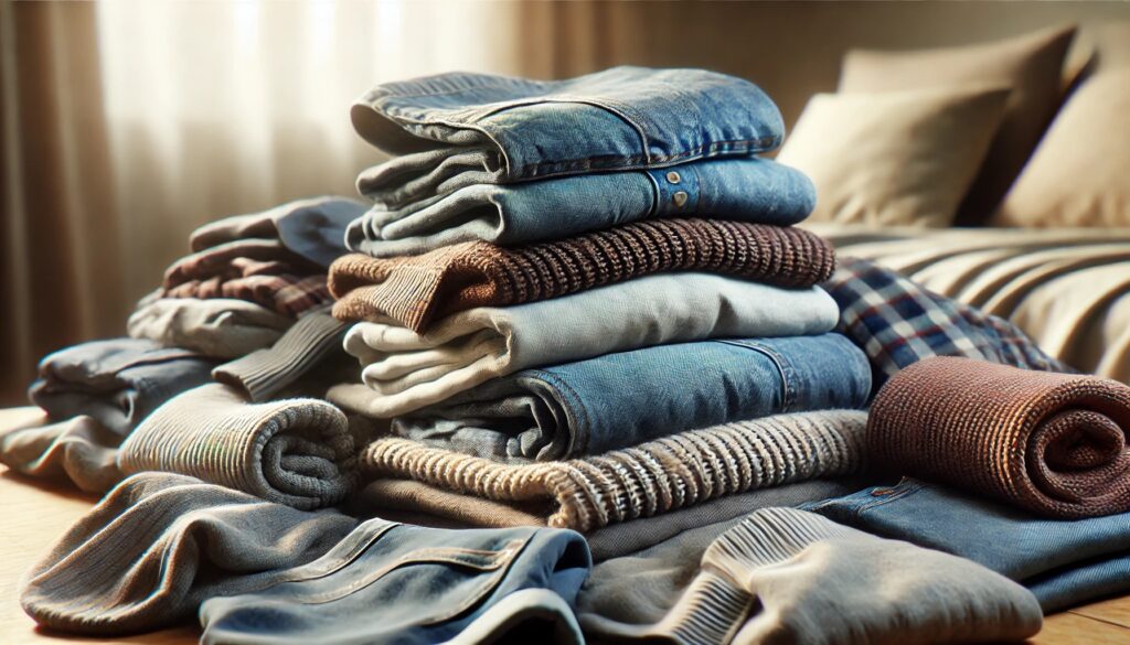 Zdjęcie przedstawia stos starannie złożonych ubrań, ukazujących różnorodność materiałów i faktur dostępnych w hurtowniach odzieży używanej. Idealne dla klientów poszukujących unikatowych produktów.