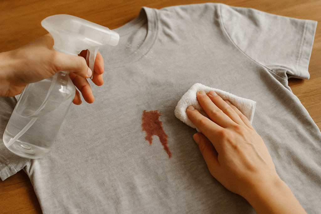 Osoba spryskuje i czyści delikatną tkaninę jasnej koszulki, usuwając plamę w naturalnym świetle.