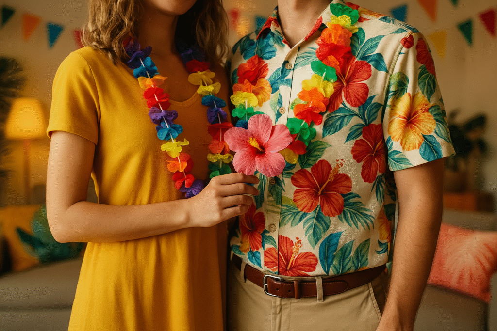Para w kolorowych, hawajskich stylizacjach – kobieta w żółtej sukience, mężczyzna w koszuli w kwiaty, oboje z naszyjnikami z kwiatów.