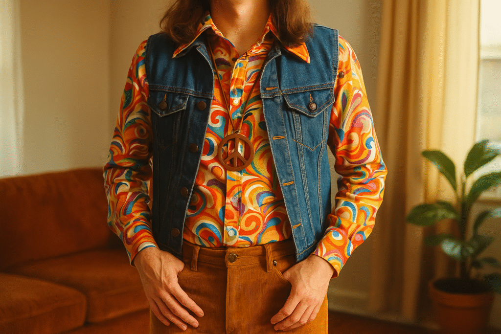 Stylizacja inspirowana latami 70. – kolorowa koszula w psychodeliczne wzory, jeansowa kamizelka i naszyjnik z symbolem pokoju.