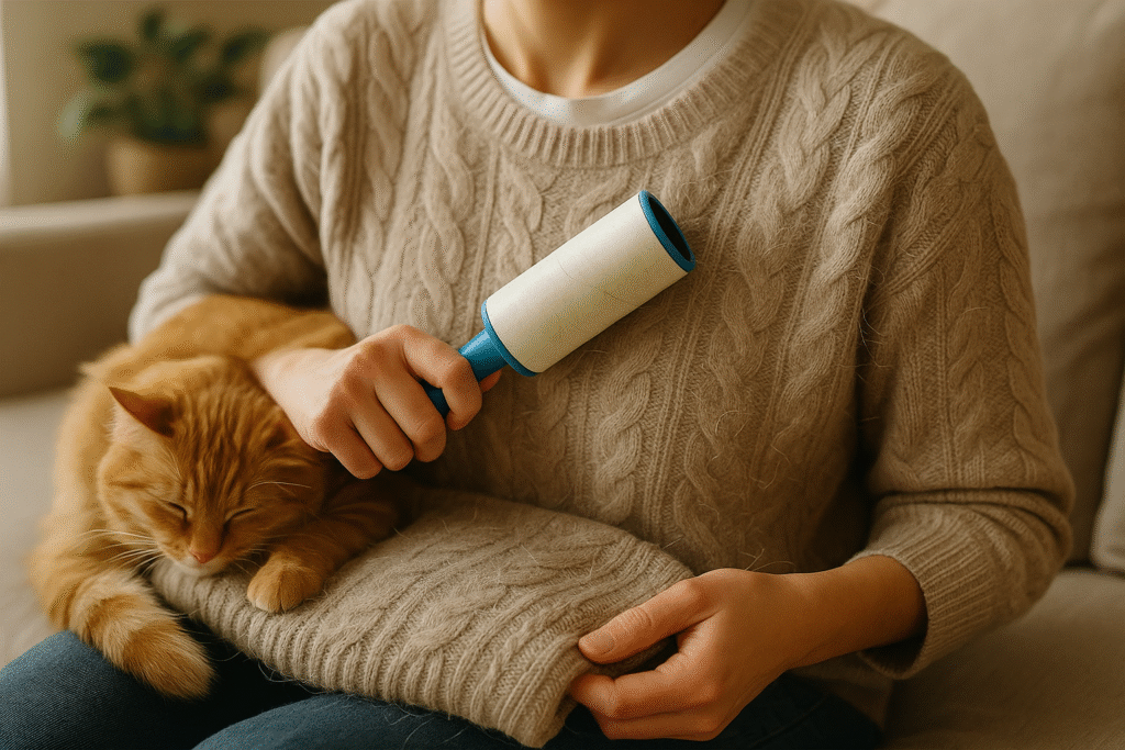 Osoba usuwa sierść kota z beżowego swetra za pomocą rolki do ubrań w przytulnym wnętrzu.