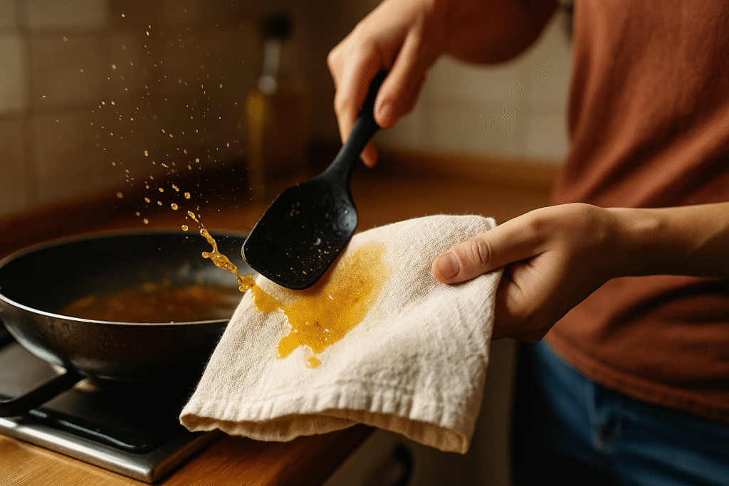 Kuchenny ręcznik z widoczną plamą po oleju i patelnia w tle, na tle ciepłego, domowego wnętrza w naturalnym świetle.