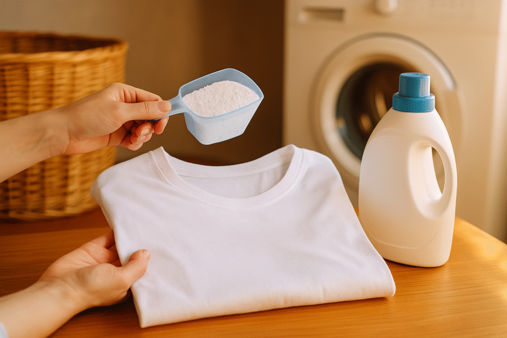 Biała koszulka, proszek do prania i butelka detergentu ustawione na drewnianym blacie w naturalnym świetle.