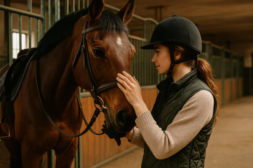 Kobieta w kasku i kamizelce jeździeckiej głaszcze konia w stajni, w ciepłym, naturalnym świetle.