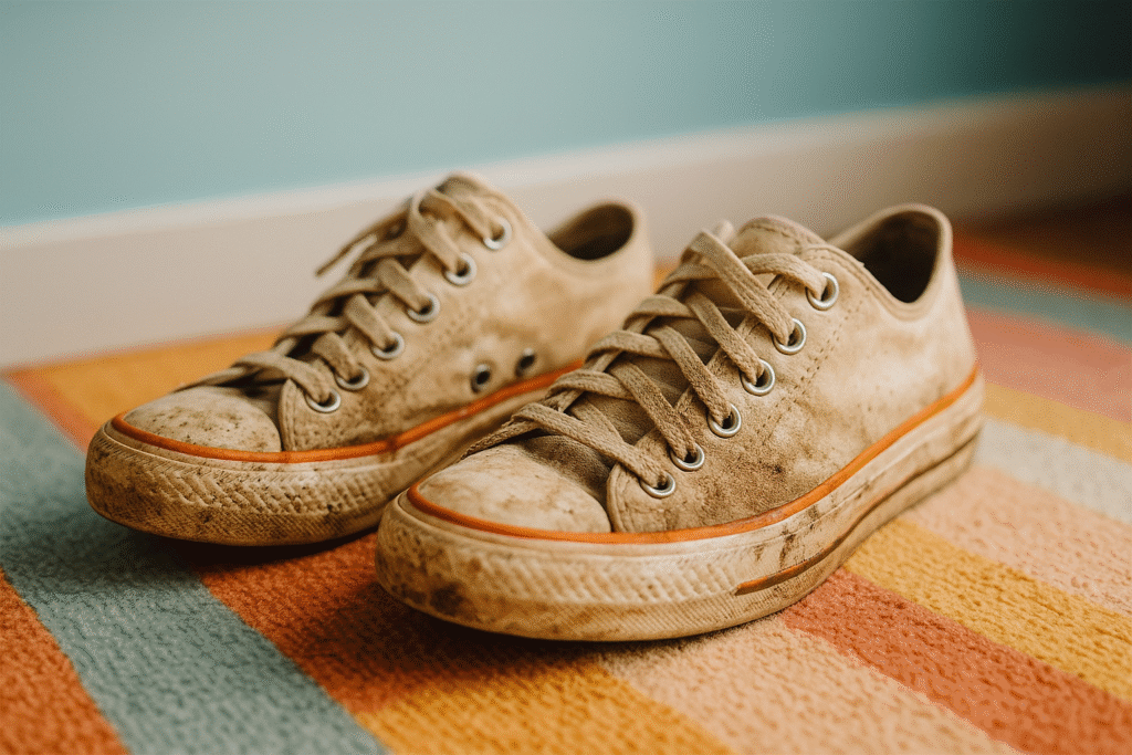 Brudne białe sneakersy stojące na kolorowym dywanie przy pastelowej ścianie w naturalnym świetle.