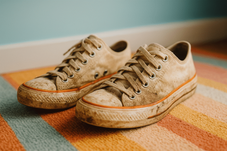 Brudne białe sneakersy stojące na kolorowym dywanie przy pastelowej ścianie w naturalnym świetle.