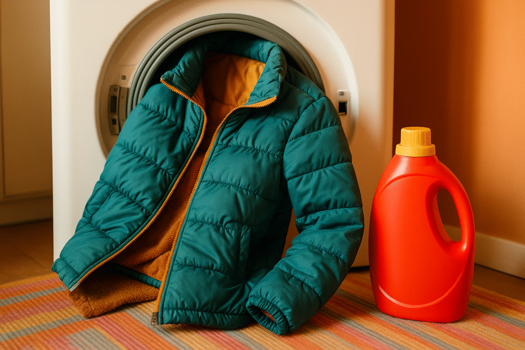 Kolorowa puchowa kurtka i detergent stojące przy pralce w ciepłym, domowym wnętrzu, w naturalnym świetle.