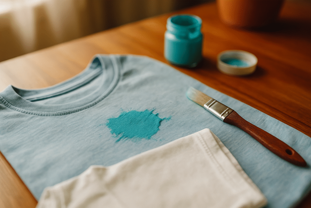 Koszulka z plamą niebieskiej farby i pędzel leżące na drewnianym blacie w naturalnym świetle.