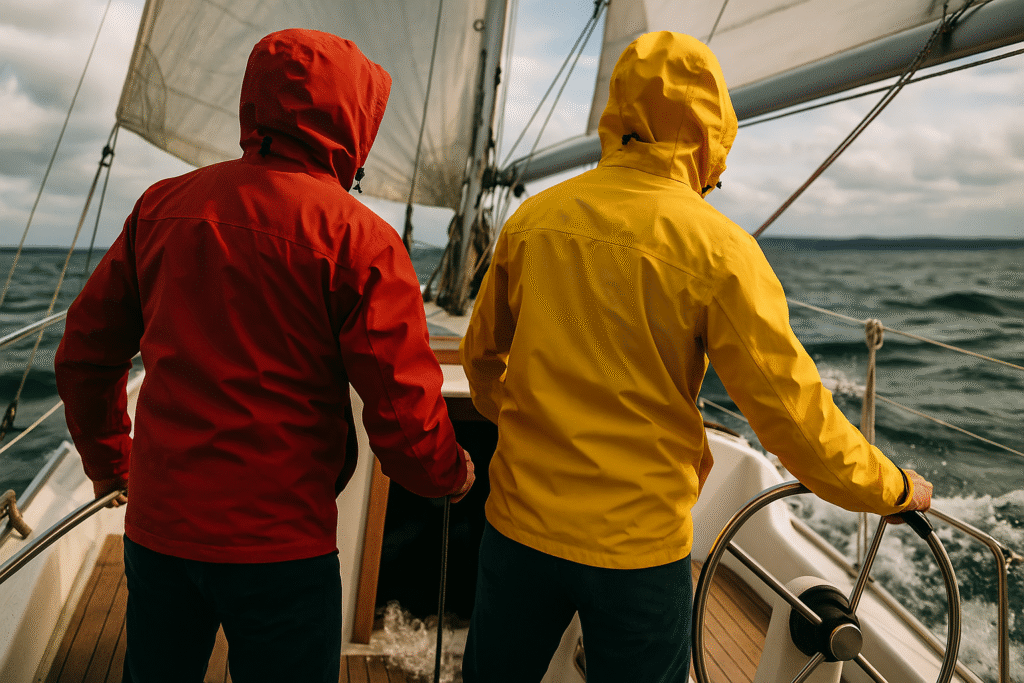 Dwóch żeglarzy w żółtym i czerwonym sztormiaku steruje jachtem na wzburzonym morzu w naturalnym świetle.