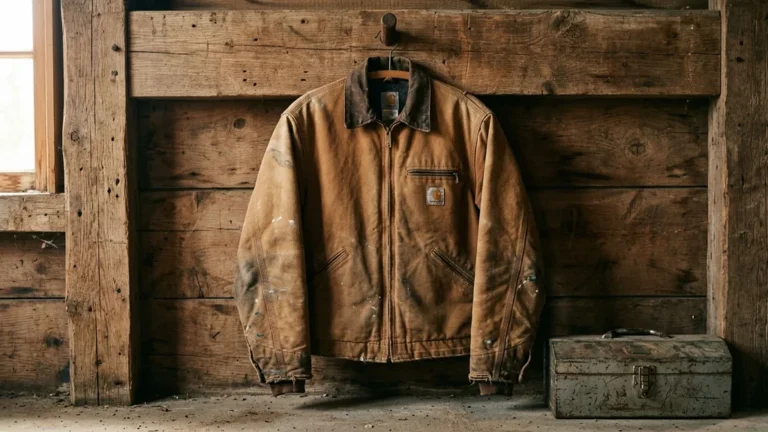 Vintage kurtka w stylu Carhartt na drewnianym wieszaku